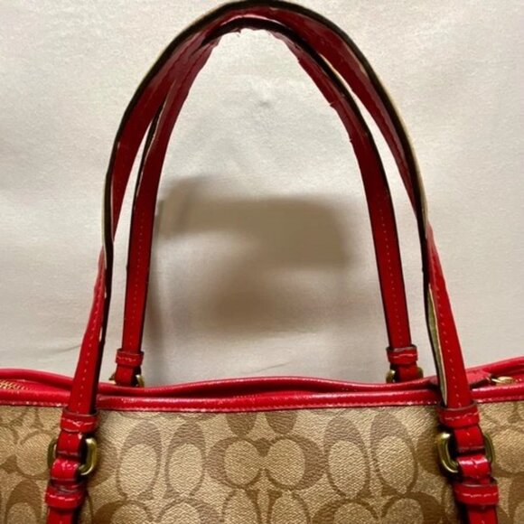 Coach Peyton Signature Large Pocket Tote Khaki Red Trim Rare F25504 Worn Handles - Picture 4 of 15